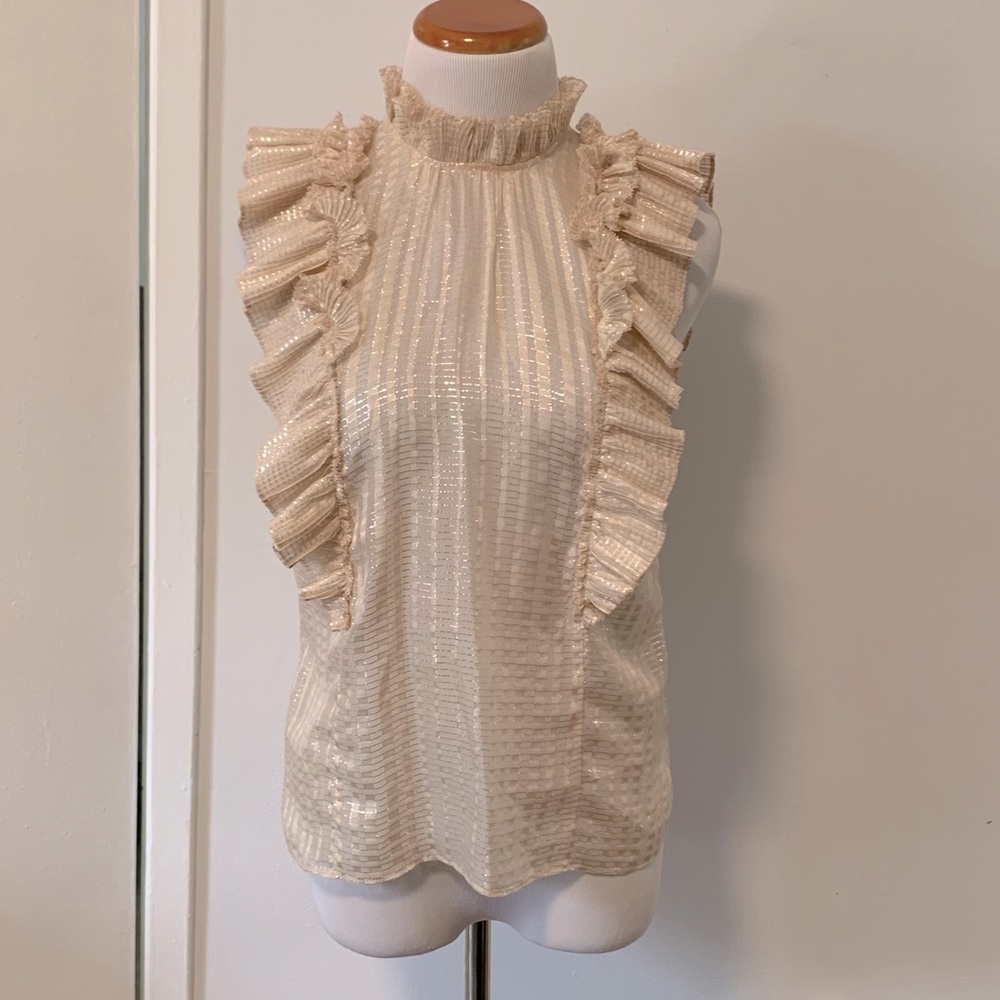 RARE* REBECCA TAYLOR Ballet Blush Pink Metallic Plaid Silk Ruffle Sleeveless Top